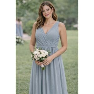Azazie Jessa Dusty Blue Chiffon V-Neck Lace Back Bridesmaid Dress A12 NEW